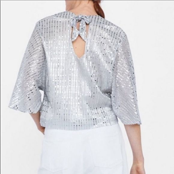 ZARA Silver Mirror Sequin Dolman Sleeve Flowy Top - Picture 1 of 8